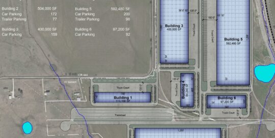 Aerial site plan showing industrial buildings layout