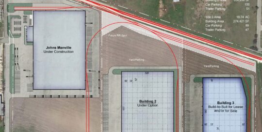 Aerial site plan with three industrial buildings